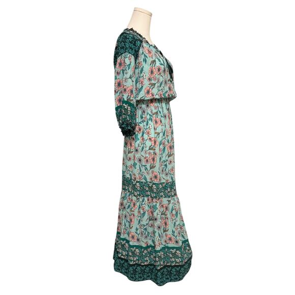 Umgee Medium Green FLoral Boho Cottage Tiered Maxi Dress Flowy Feminine - Picture 8 of 14